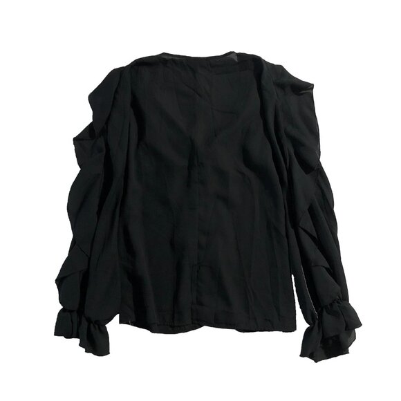 Chic Me Womens Size L Black V-Neck Wavy Edge Butterfly Long Sleeve Blouse - Picture 9 of 9